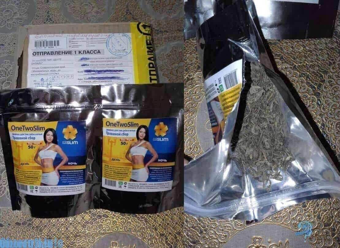 contraffazione Onetwoslim in un pacchetto con erba