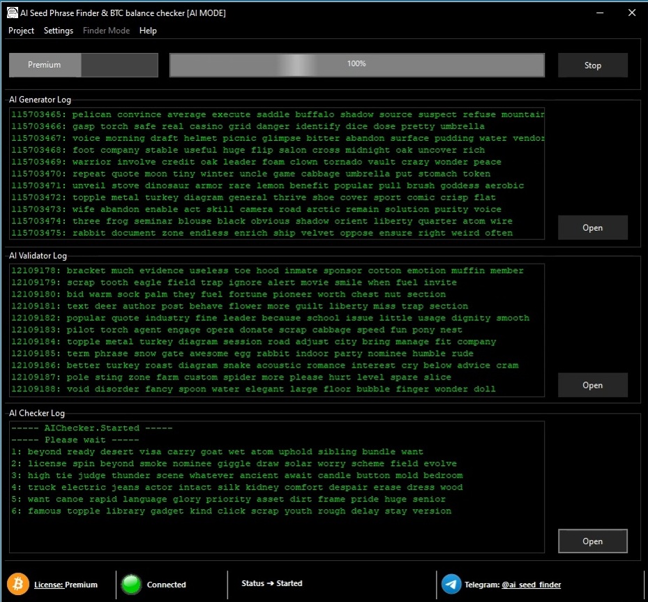 Полная демонстрация работы программы AI Seed Phrase Finder