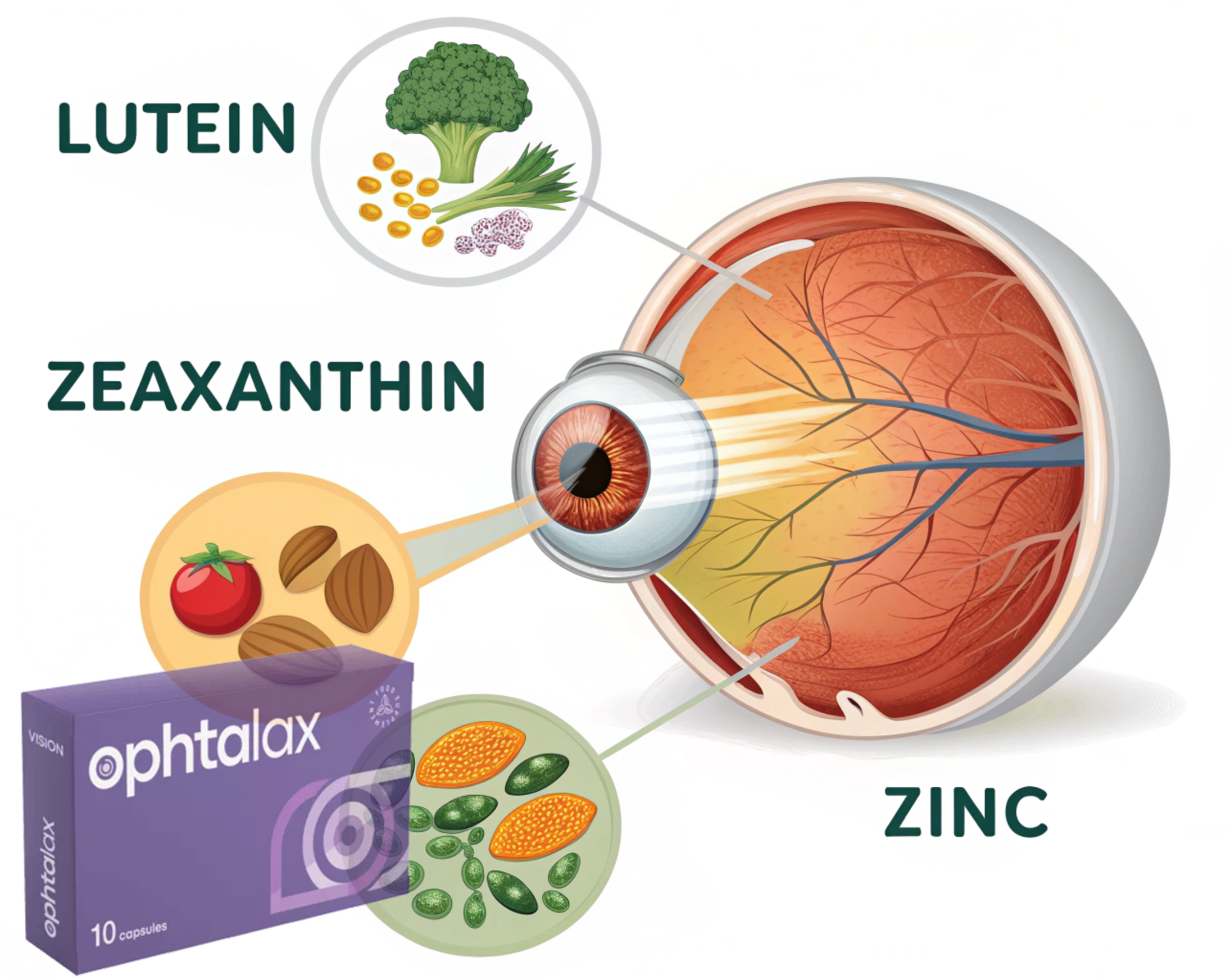 Состав капсул Ophtalax для зрения и действие основных его компонентов: Лютеин, Зеаксантин, Цинк на глазное яблоко