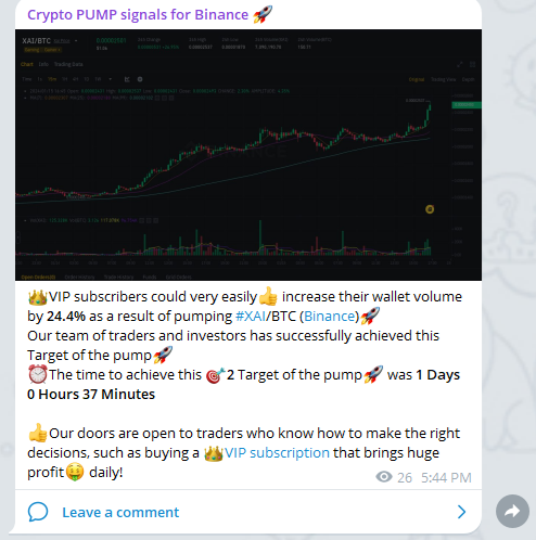 Un esempio di post da un canale Telegram con grafico e report sulla pompa delle monete in tempo reale